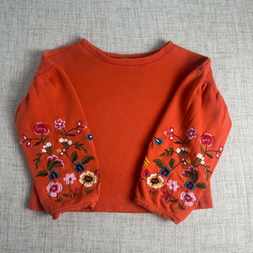 United Colors Benetton Girls 6-7 Floral Embroidered Puff Sleeve Sweatshirt